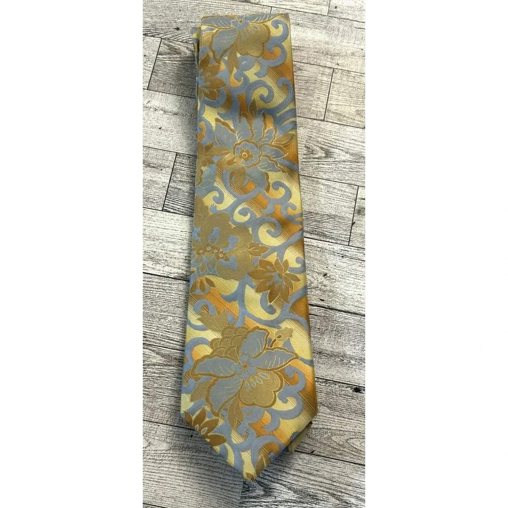 Steve Harvey Yellow with Gold & Blue Flowers Silk Men's Neck Tie L 60